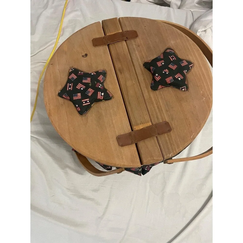 VTG 13Star Wood Double Lid Barrel Weave Basket Lined Flag Heart Leather USA Gift